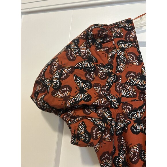 O.L.M. Puff sleeve Rust orange butterfly Print Crop corset top blouse size Large - Picture 3 of 5